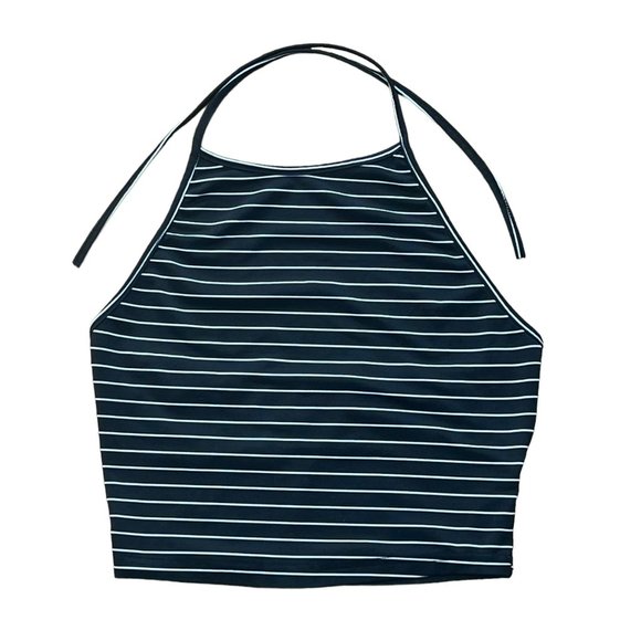 Shein Black White Stripes Halter Crop Top Tie Back Women's One Size - Picture 4 of 8